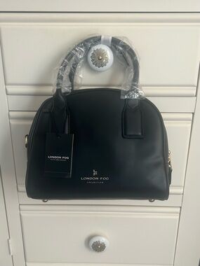 NWT London Fog Dome Satchel w/ Crossbody Strap Black w/ Gold Hardware